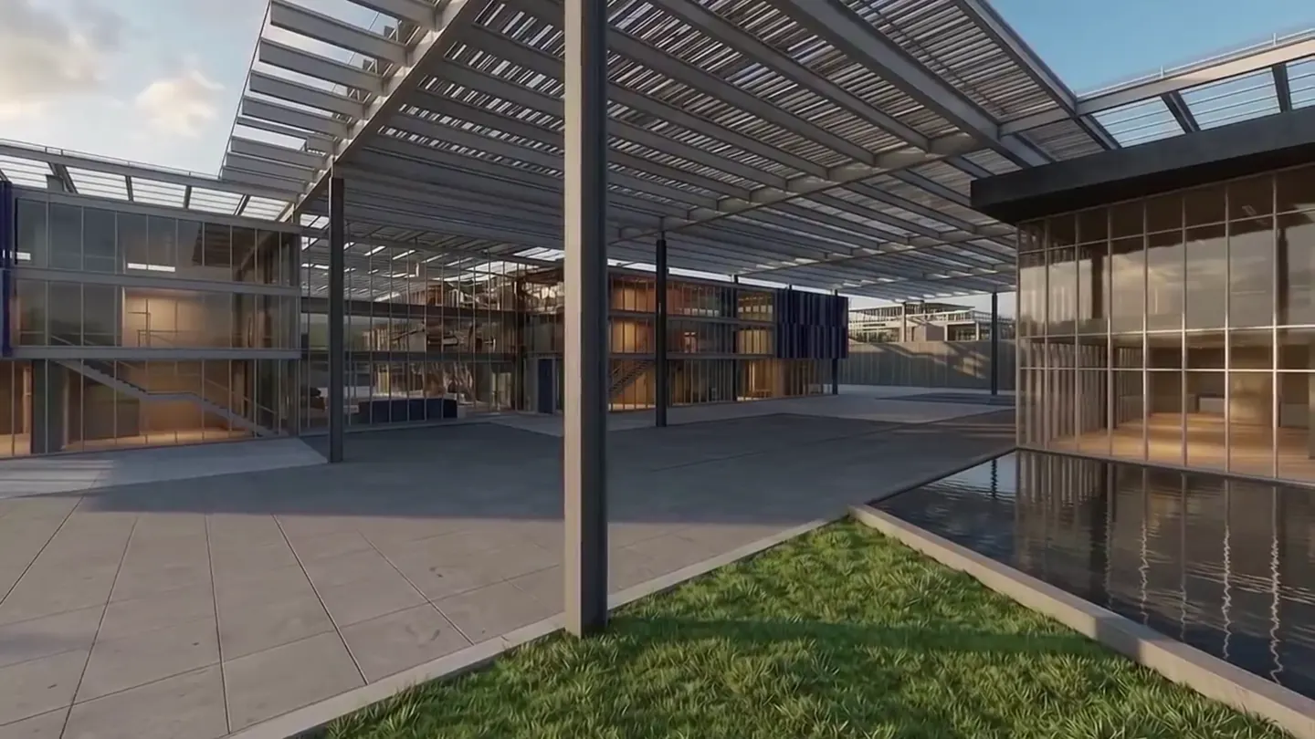 Edifício contemporâneo do Grupo TARG, com estrutura metálica, vidro e espelho d’água